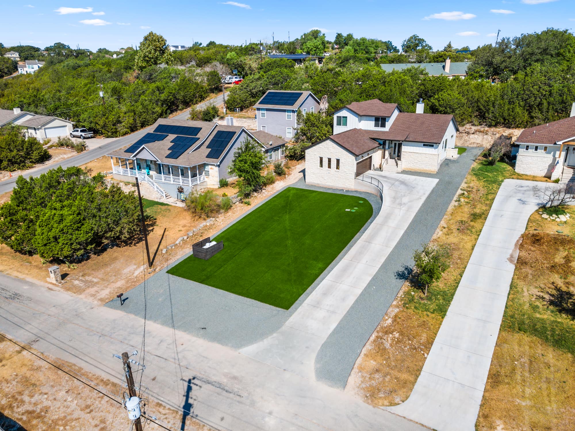 Aerial view of an artificial turf lawn installed by HaloTurf