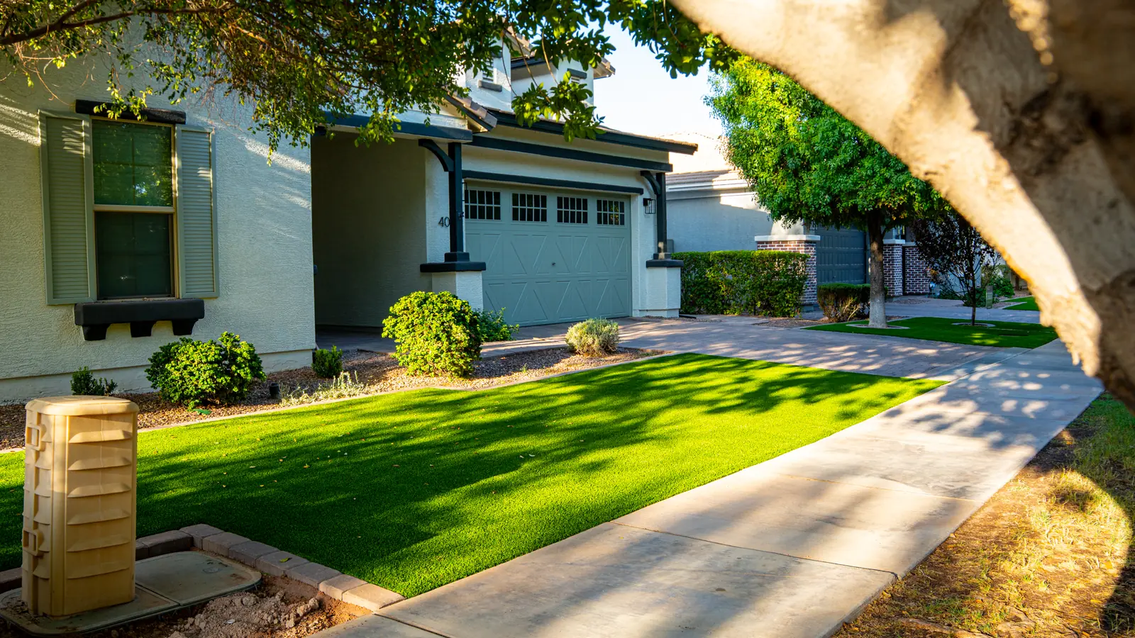 A finished turf front lawn between a house and the sidewalk. Tree shadows fall across it in late afternoon light.